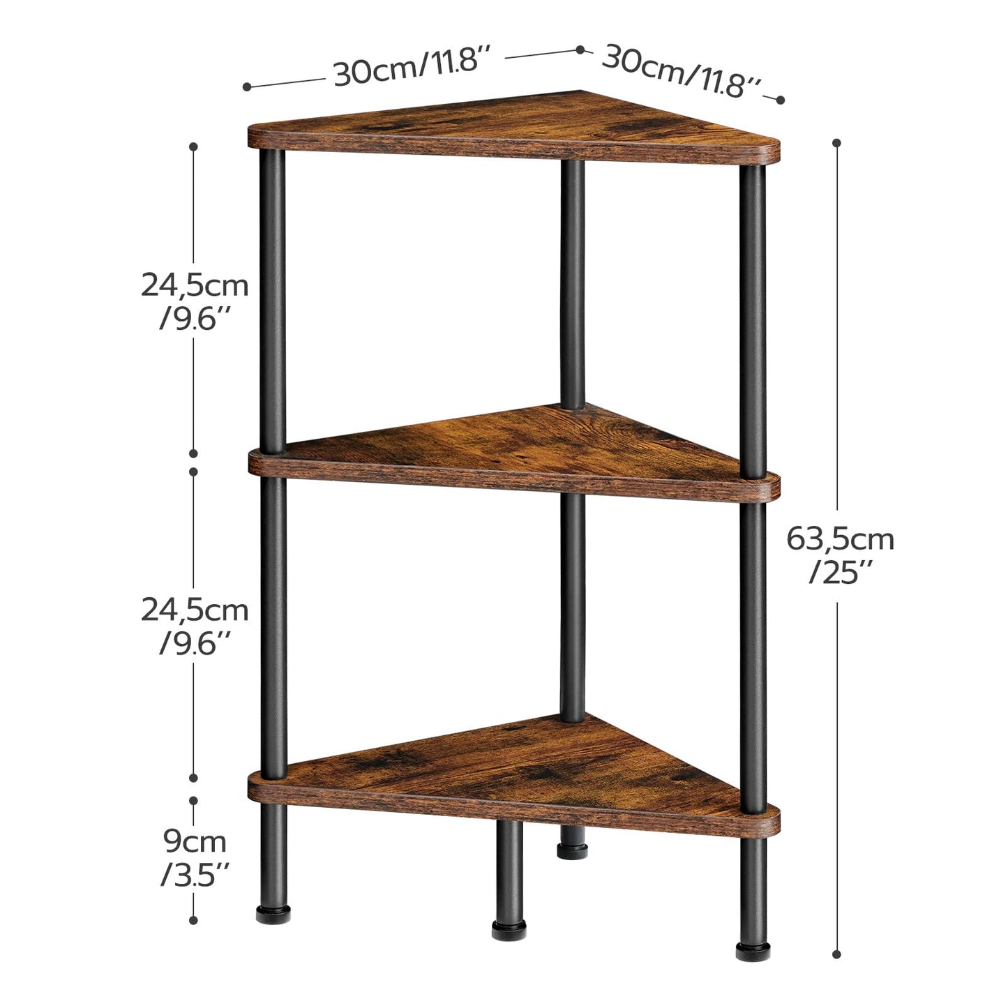 HOOBRO Corner Shelf Stand, Industrial 3-Tier Corner Bookshelf with Metal Frame, Plant Display Shelf, Small Bookcase for Small Spaces, Living Room, Rustic Brown and Black BF30CJ01