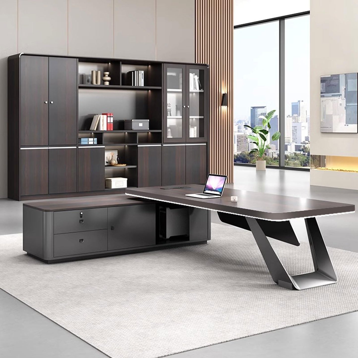 LSIGHTUS 102" Minimalist Style Large Modern Executive Office Desk, Wood Computer Desk with File Drawers Writing Study Table Business Furniture Set for CEO Boss, Business