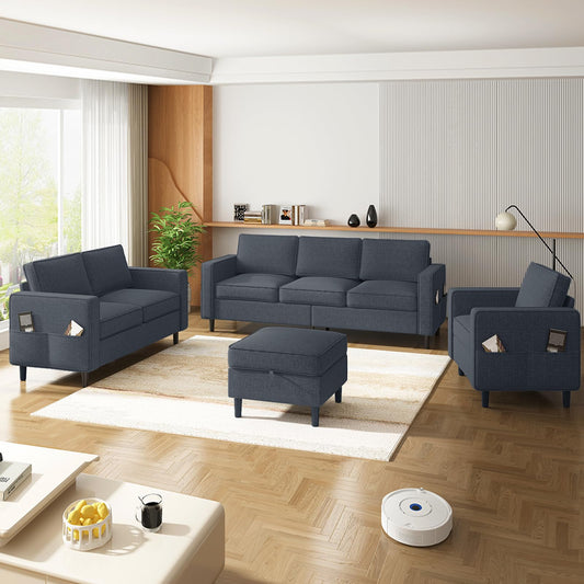 ADOWORE 3 Piece Living Room Sofa Set, Linen Fabric L Shaped Couch with Ottoman and Loveseat and Armchair Sets, Modern 3 Seater Sofa + Love Seat + Accent Chair Sets-Dark Grey