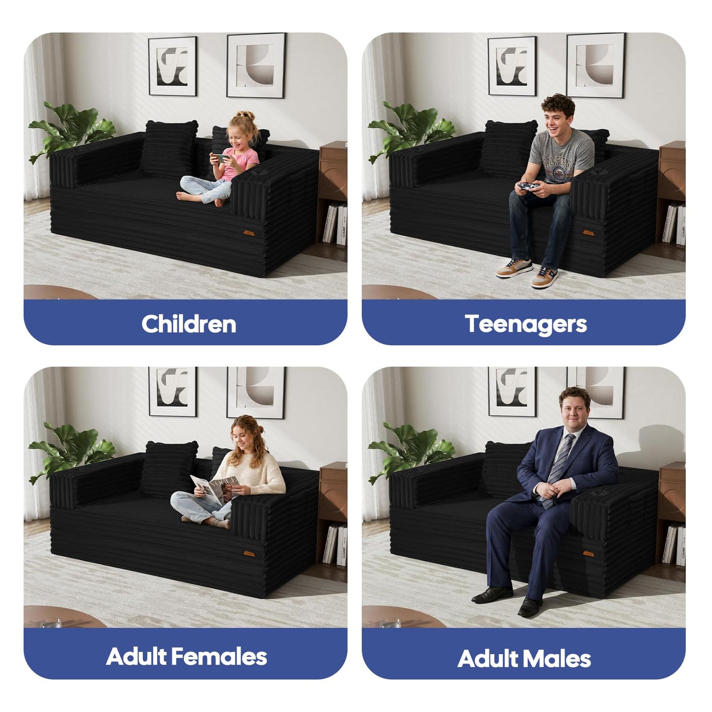 COMAX Futon Sofa Bed, 4‑in‑1 Convertible Sofa Bed, Boneless Couches for Living Room, Fold Out Small Foldable Loveseat Space‑Saving, Jet Black