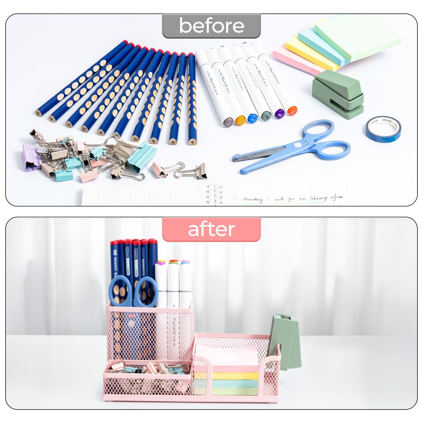 M&G Mesh Pen Holder Desk Organizers Pencil Holder for Desk Pink, 3 Compartments Metal Office Supply Organizer with Sticky Notes Holder for Home Office