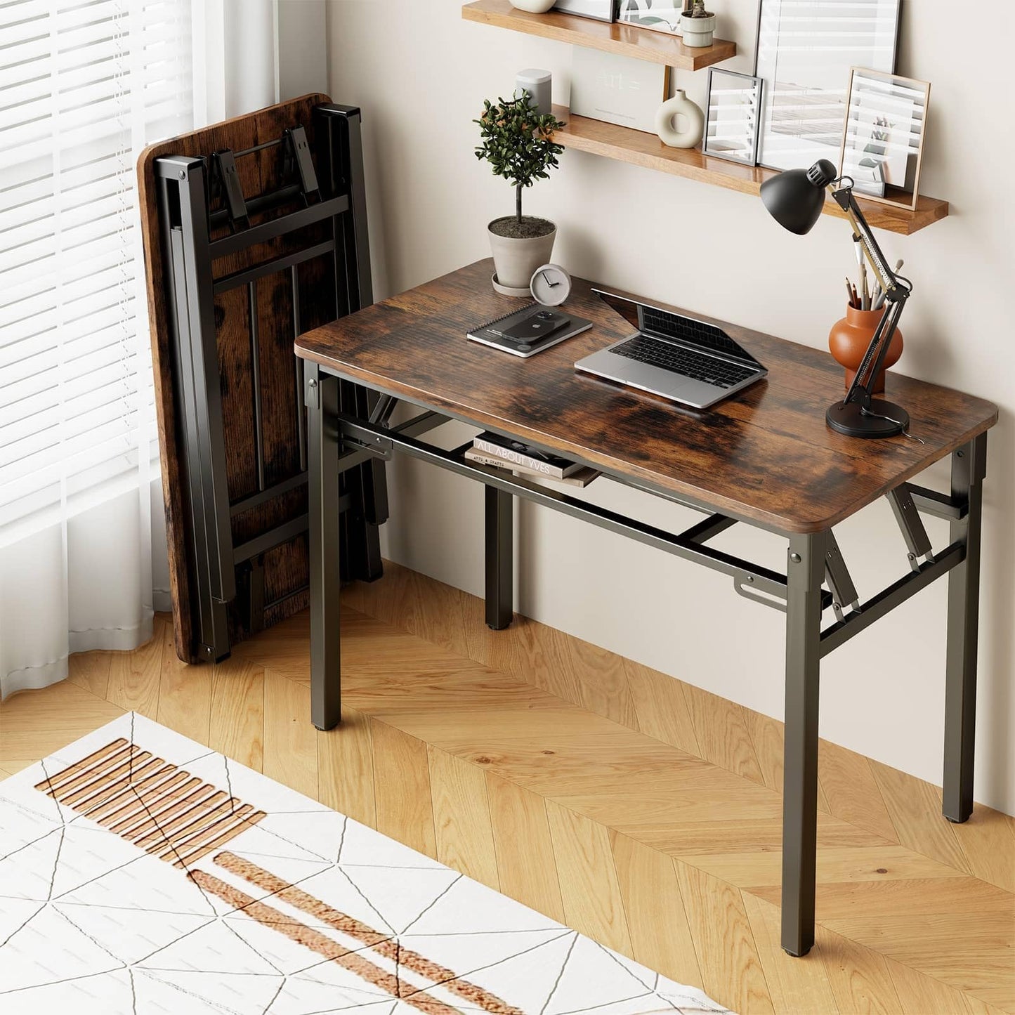 BYMECOST 31.5 inches Folding Desk Small Desk, No Assembly Computer Desk with Storage Shelf, No Install Small Foldable Table for Home Office,Study Table for Small Space (Brown, 31.5")