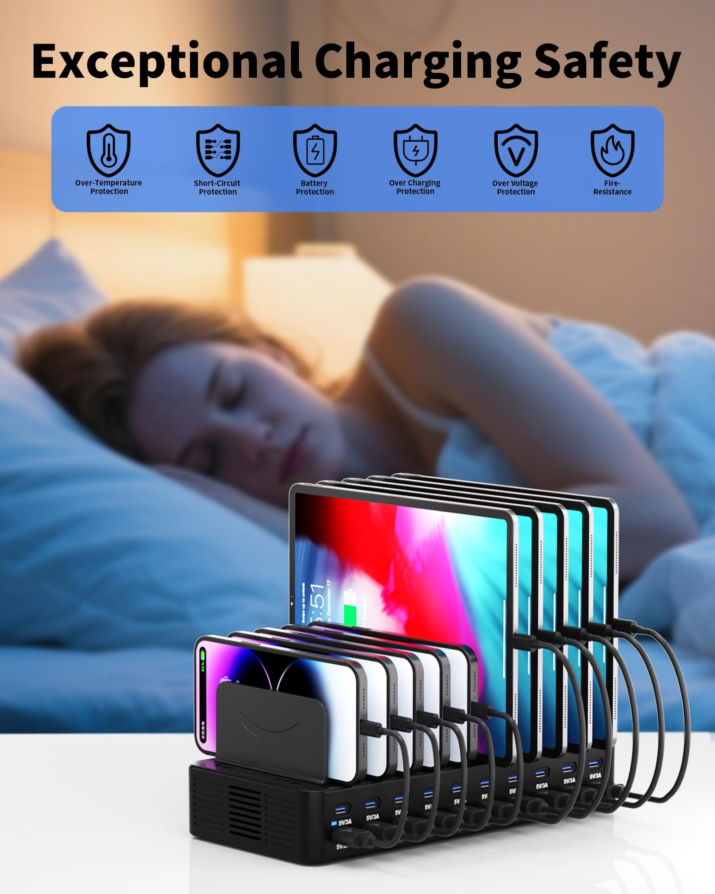 270W Charging Station for Multiple Devices, 20-Port USB Fast Charging Station with Adjustable Dividers & 10 Cables, Multi Device Organizer Charging Dock for iPhone, iPad, Tablets & More(Black)