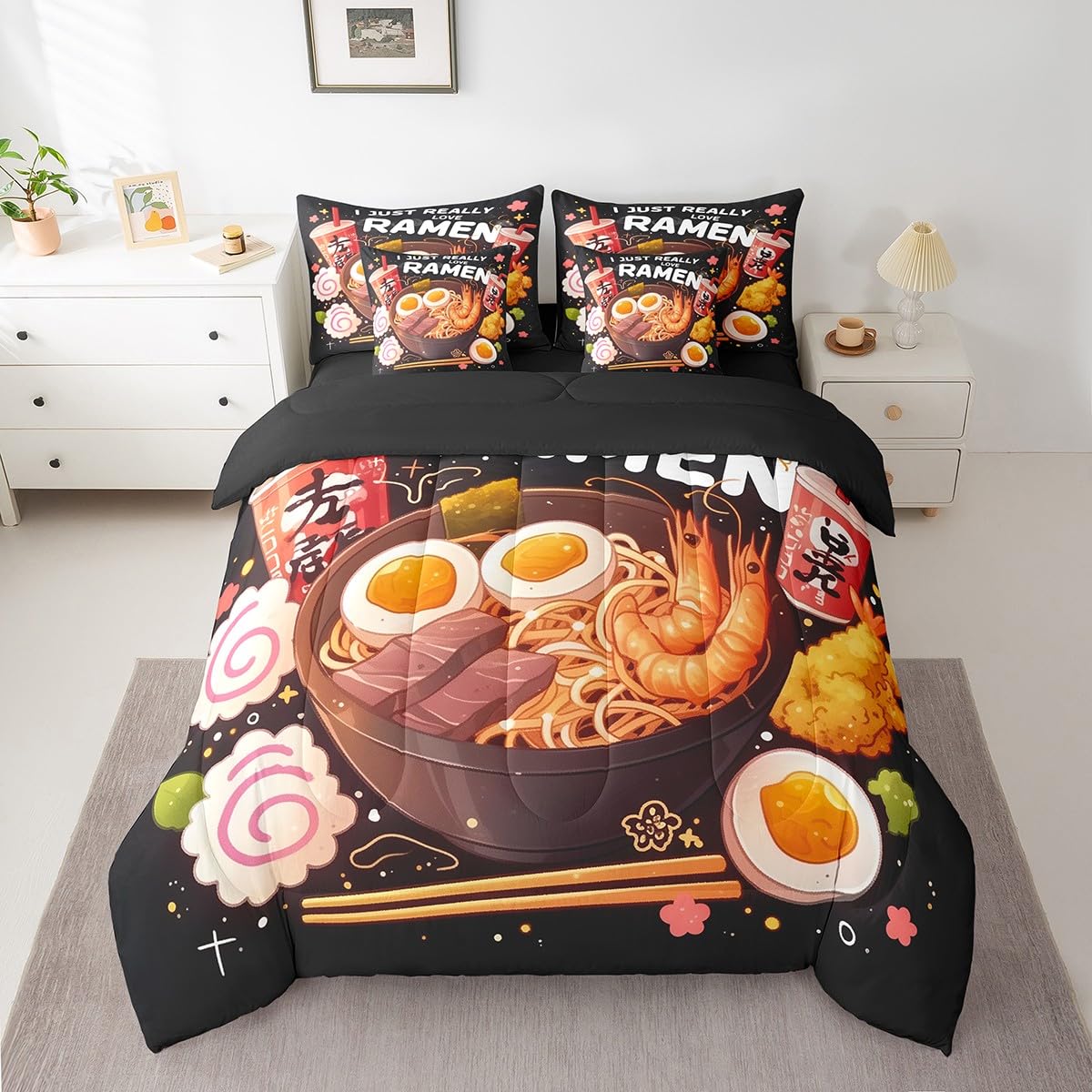 Erosebridal 7 Piece Ramen Noodle Queen Bedding Set,Japanese Style Anime Comforter Set with Sheets,Cherry Blossom Bed Set,Funny Food Themed Bed in a Bag Ramen Gifts for Kids Girls Boys Adults
