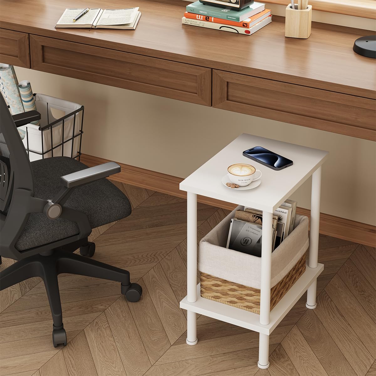 VIMBER End Table, Set of 2 Side Table with Metal Legs, Small Nightstands with 2-Tier Storage Shelves, Tiny Sofa Table for Small Space, Coach Table for Living Room Bedroom, White UTBT104W2