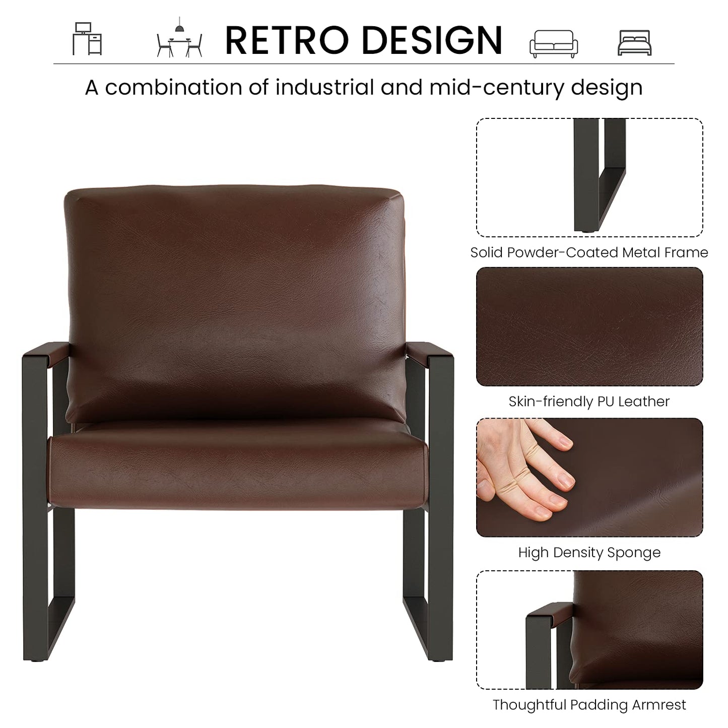 AWQM Modern PU Leather Accent Chair Arm Chair with Extra-Thick Padded Backrest and Seat Cushion Sofa Chairs for Living Room Bedroom, 105 Degree Slant Back, Non-Slip Adsorption Feet-Brown（Set of 1）