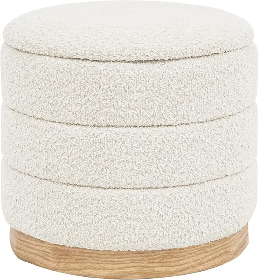 Round Storage Ottoman with Reversible Tray Lid, Folding Chenille Fabric