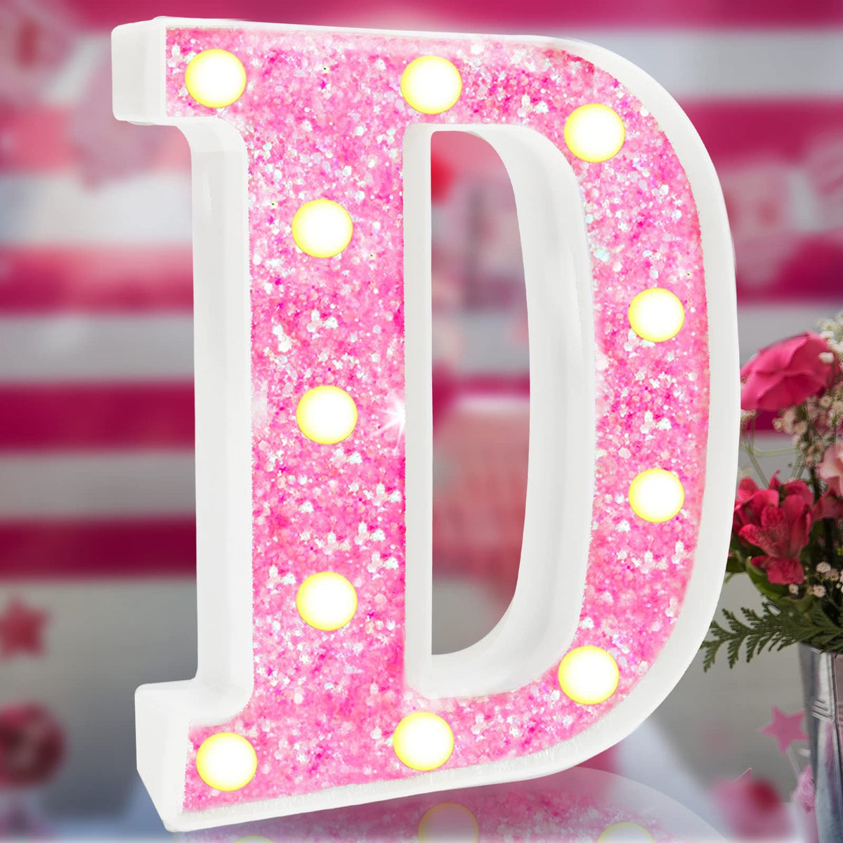 Light Up Letters, Glitter Alphabet Letter Sign Pink LED Marquee Letter Lights Battery Powered for Night Light Girls Bedroom Birthday Party Wedding Home Christmas Decorations Gift for Her-Pink D