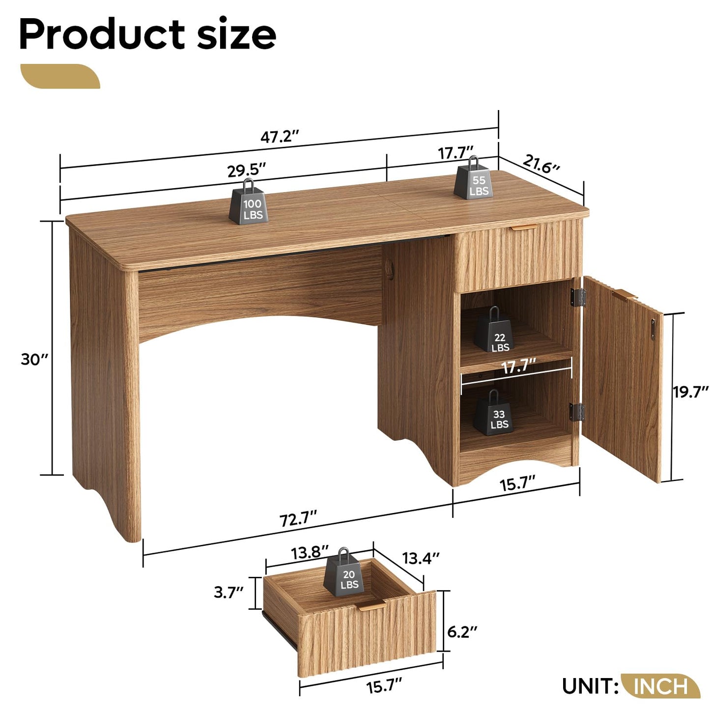 Bestier Computer Desk with Drawer, 47 inch Office Desk with Storage Cabinet, Modern Wood Desk Adjustable Shelves for Home Office & Studio, Brown Oak