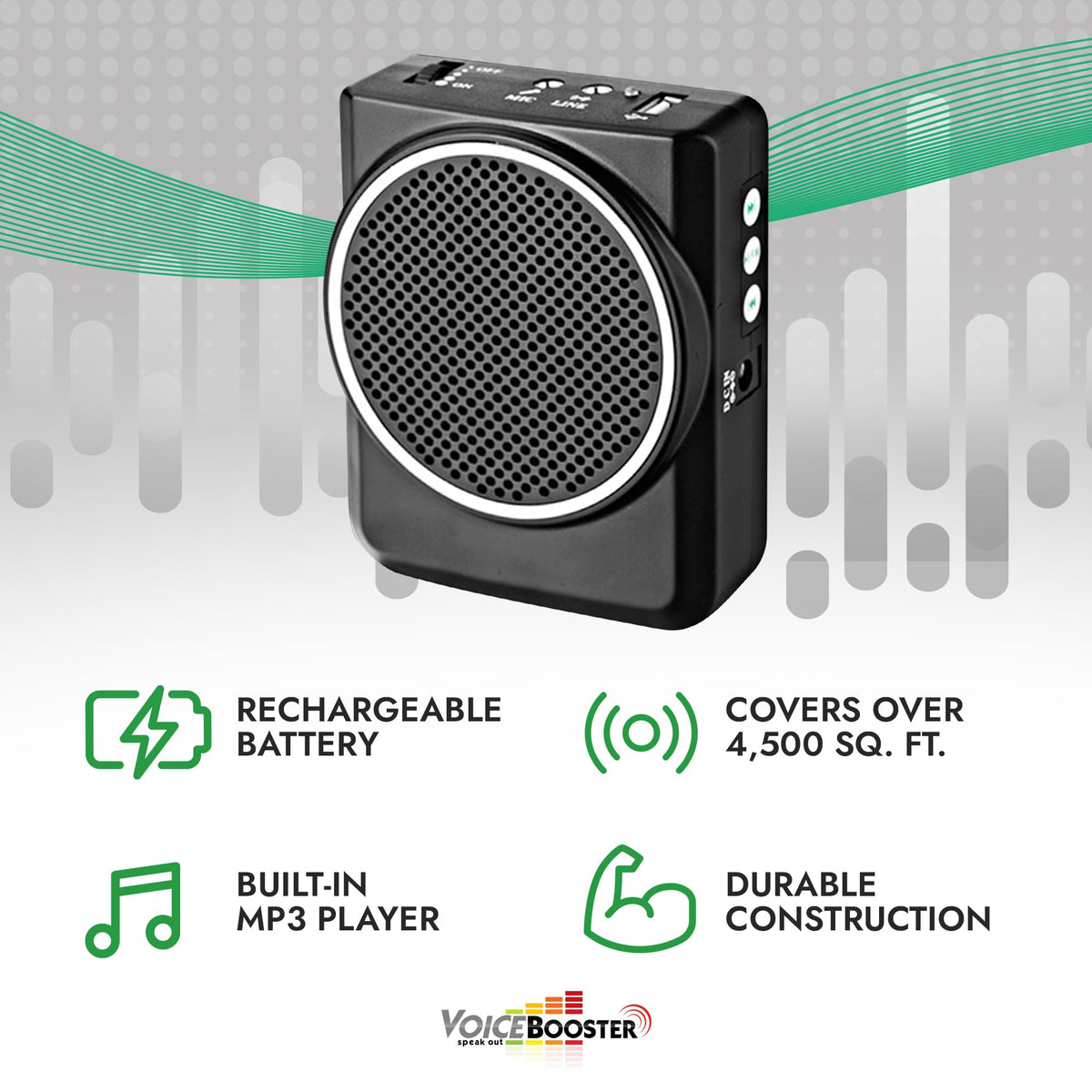 Voicebooster Portable Voice Amplifier for Teachers - 12W Rechargeable Portable Speaker with Microphone Headset for Classroom, Tour Guide, Public Speaking, Built-in MP3 Player & FM Radio - Black MR1700