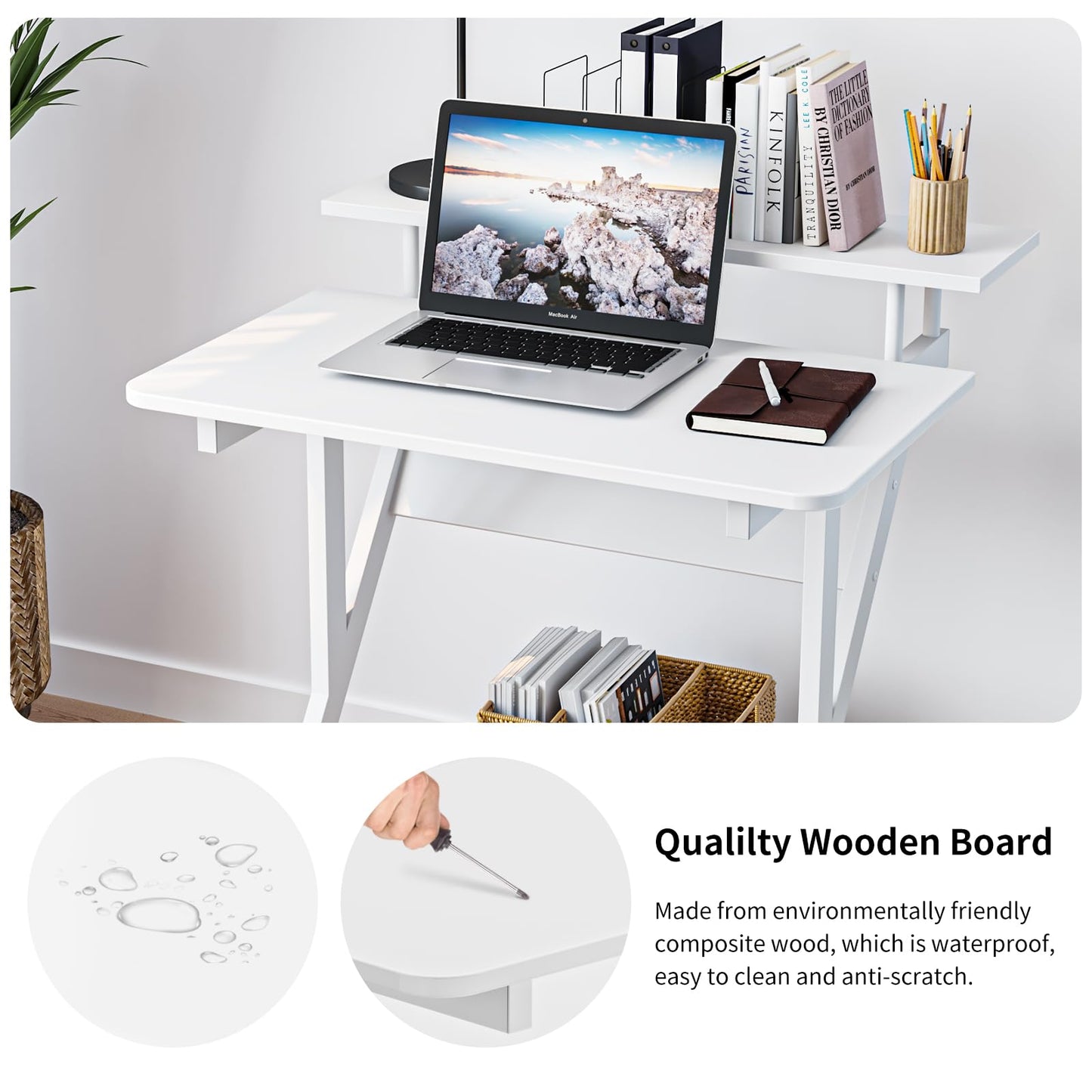 Dripex Computer Desk for Small Spaces, 27.5 inch Small Computer Desk, 3 Tier Compact Desk with Monitor Shelf and Bottom Storage Shelves, Space Saving Desk, White