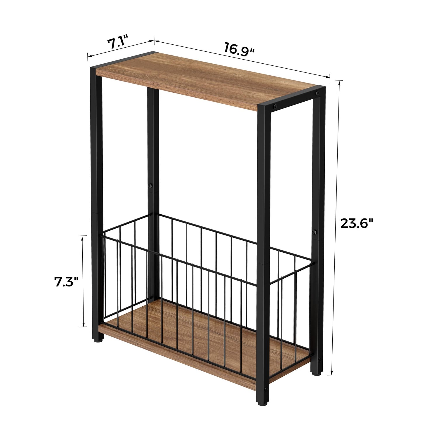 Homleke Narrow Side Table with Magazine Holder, Skinny End Table Perfect for Small Spaces, Space-Saving Design for Living Room, Bedroom, or Office, 7.1" D x 16.9" W x 23.6" H, Rustic Walnut