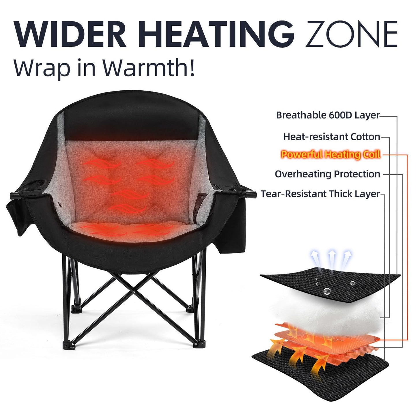 Heated Oversized Camping Chair - Heavy Duty Padded Folding Camping Chairs for Adults with Cooling Bag, Side Pocket, Cup Holder and Carry Bag for Outdoor Sports Lawn Fishing Garden Portable