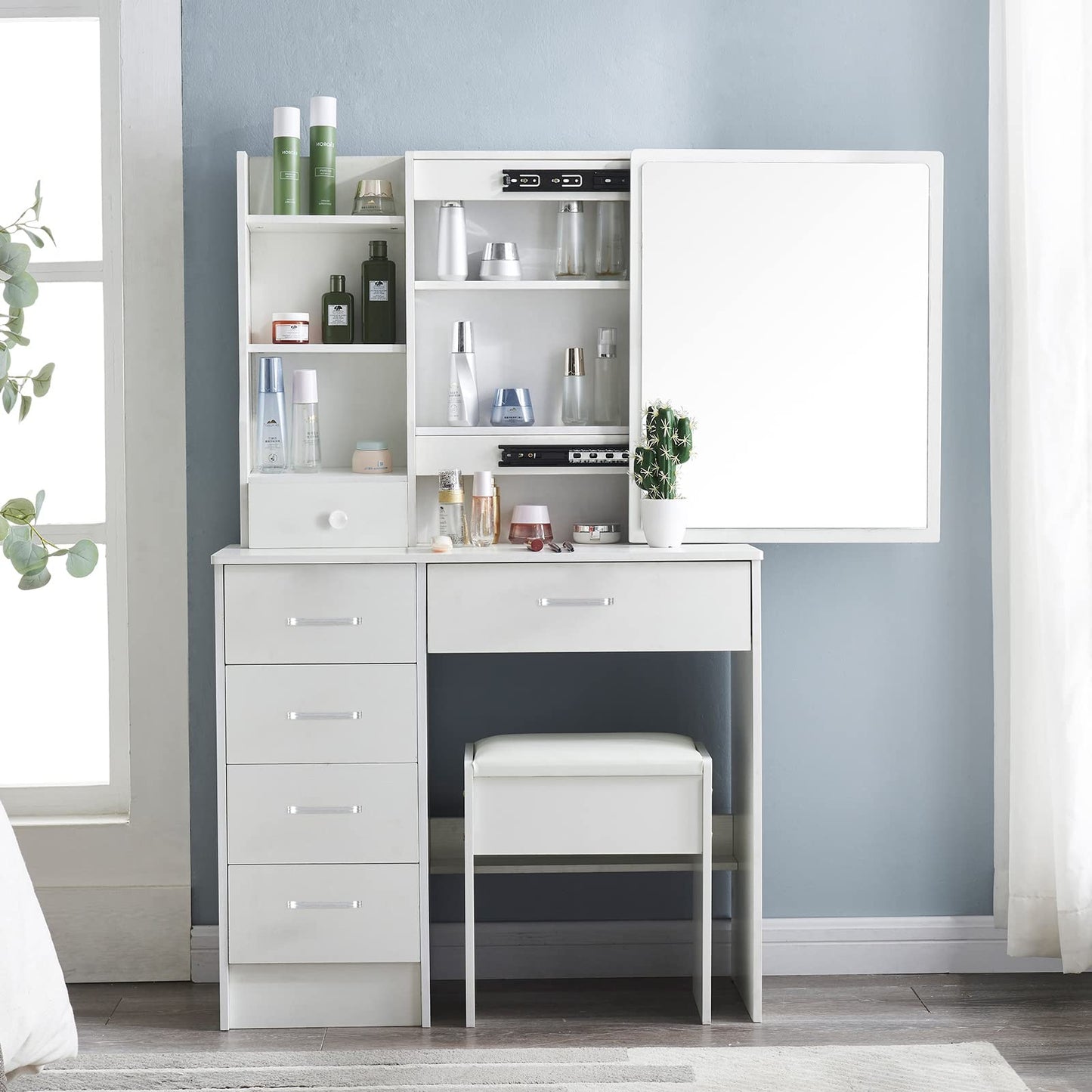 Makeup Vanity Set with Lights and Mirror Vanity Dressing Table with Drawers and Stool Shelves Makeup Vanity Desk for Bedroom Furniture for Girls Women