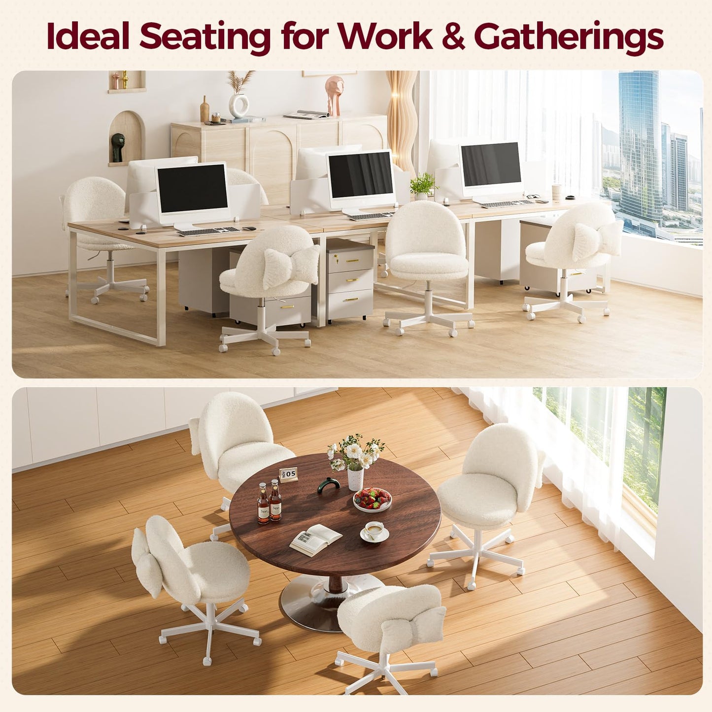 GTPLAYER Velvet Tall Office Chair with Wheels Vanity Chairs with Back, Versatile Height Use: Office to Bar Stools Small Ergonomic Comfy Armlees Computer Desk Chair with Bow Lumbar Pillow for Gift