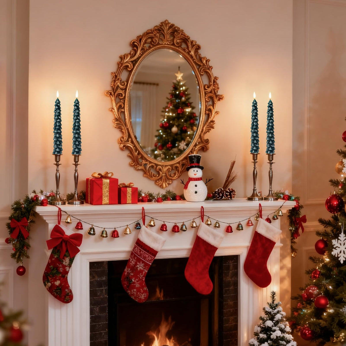 Christmas Decorations Indoor, Christmas Decor-Christmas Tree Taper Flameless Candles Battery Operated with Remote Timer, Xmas Candlestick Home Table Mantel Room Decor, 4 Pack(Green&White) Large, 11.4"