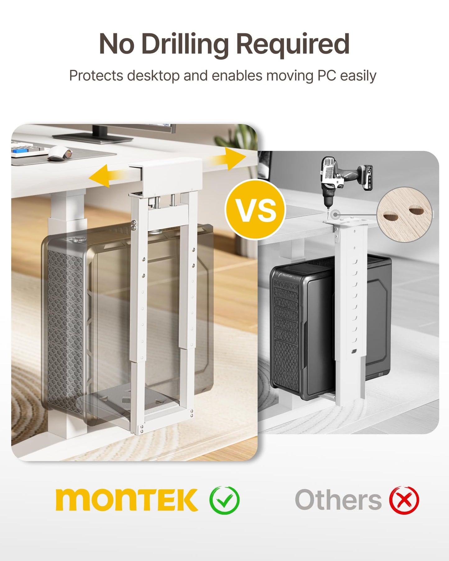 monTEK No Drill CPU Holder, Clamp-On Heavy Duty Steel Mount with Ventilated Cooling Design for Standing Desk & Home Office, Fits Most Cases 16.1"-25.6" H, 66 lbs, White