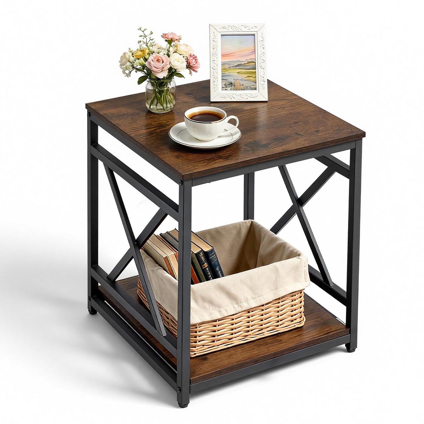 VEVOR End Table 18" Square, 2-Tier Side Table with Open Storage Shelves, Industrial Nightstand Bedside Table with Metal Frame & Wood Top, Small Sofa Table for Living Room, Bedroom, Office, Dorm