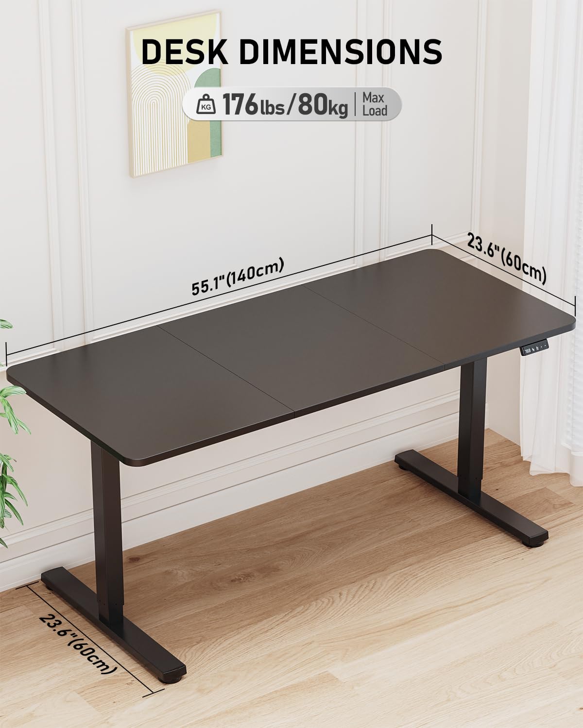 Xyndyx 55" Electric Standing Desk Adjustable Height, Sit Stand up Desk for Home Office & Computer Workstation, 2 Memory Height Settings, Splice Board, 2 Hooks, Black Frame/Black Top