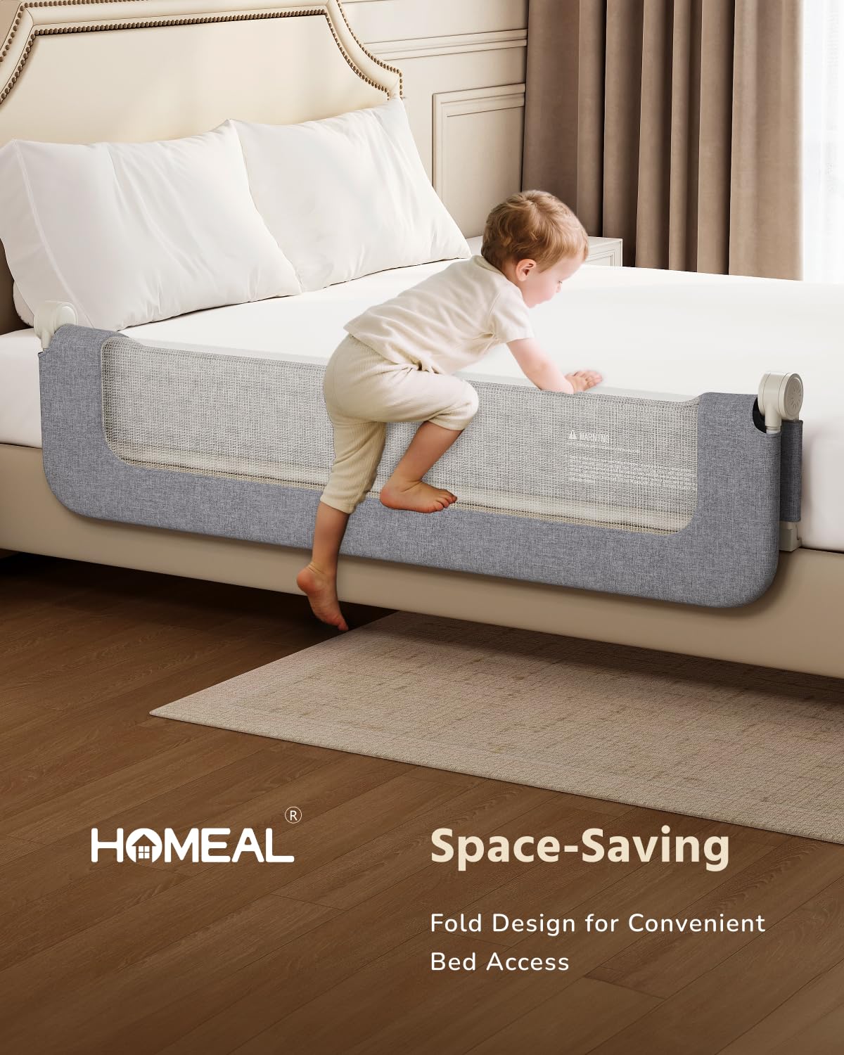HOMEAL Bed Rail for Toddlers - 59"x24" Extra Long Foldable Toddler Bed Rails for King, Queen, Twin, Full, Double Bed - Breathable Guard Rail for Toddlers with U-Shape Base, Grey