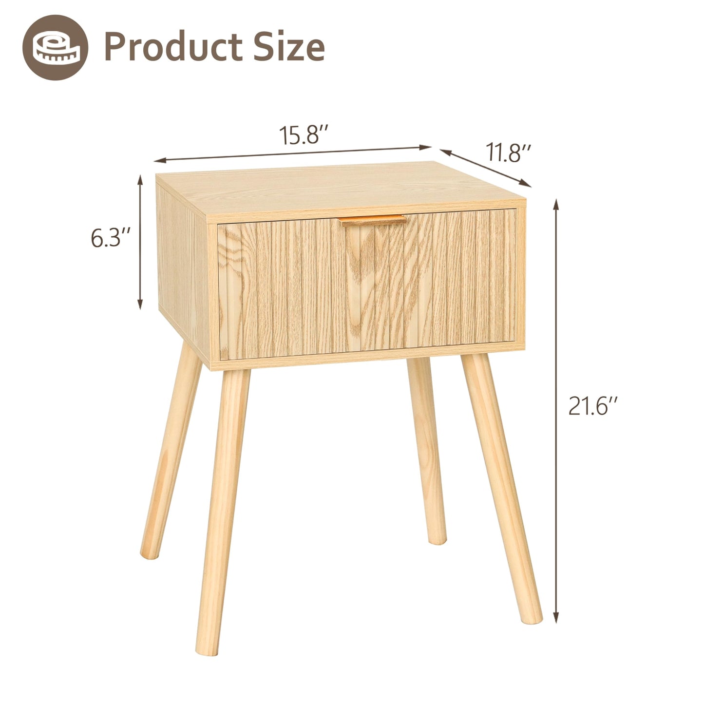 AWASEN Fluted Nightstand, Small End Tables Living Room, Wood Bedside Side Table with Storage Drawer for Bedroom and Small Space, Natural