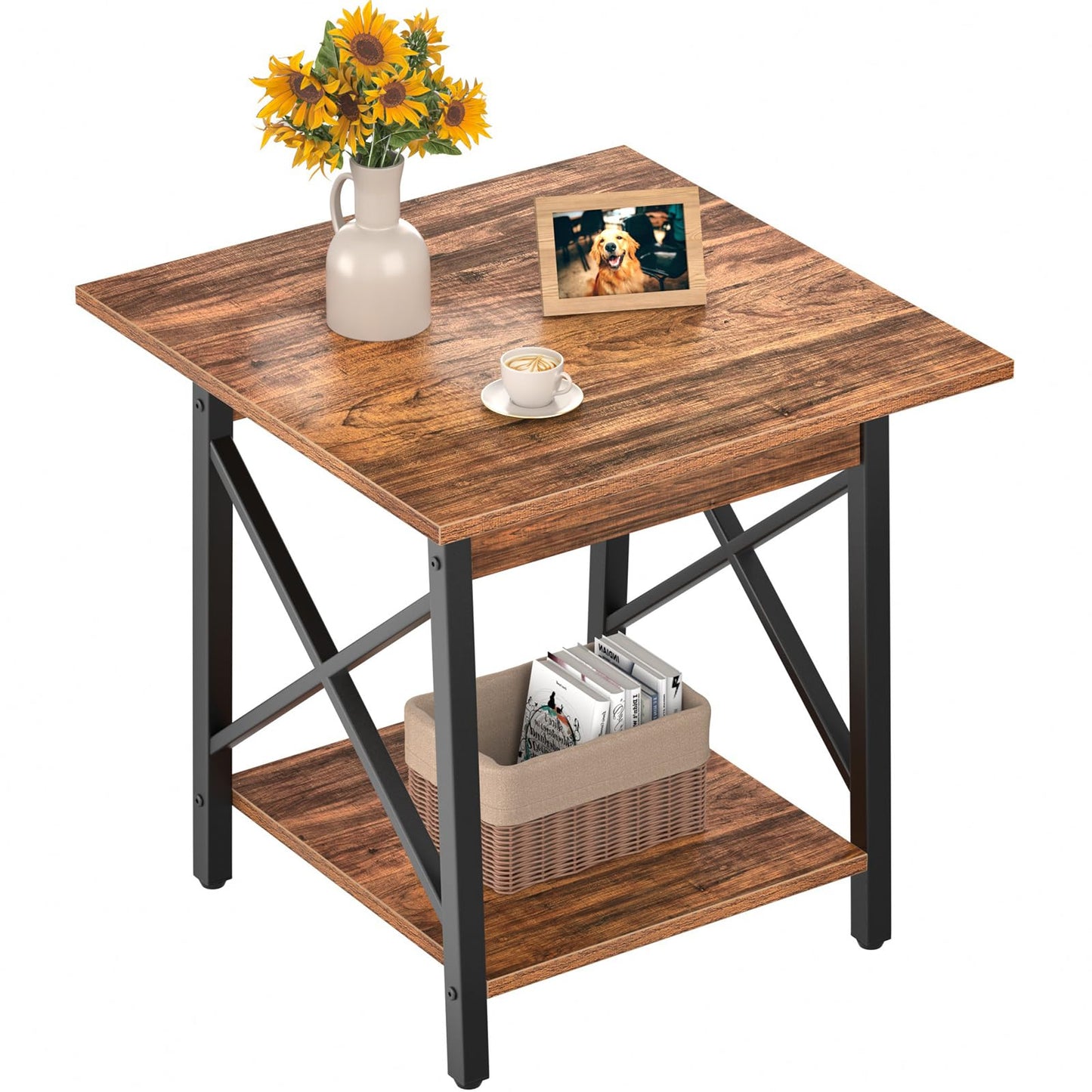 GreenForest Square End Table for Living Room, 24 Inch Large Side Table with X-Frame, Farmhouse Tall Bedside Nightstand with 2-Tier Storage Shelf, Rustic Walnut
