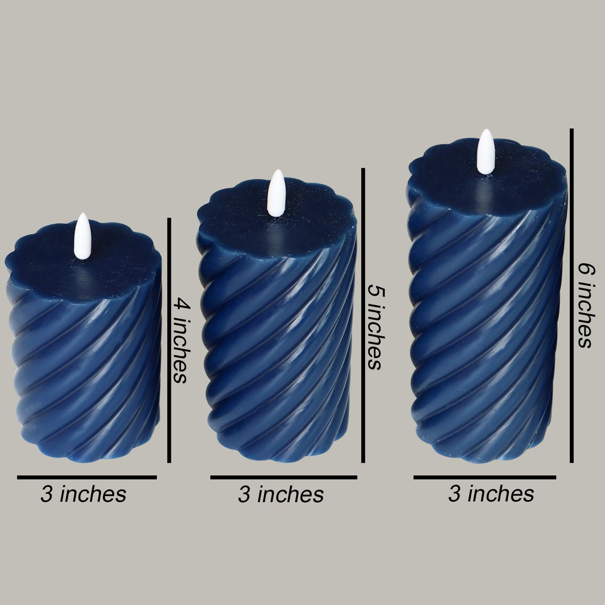 Real Wax Spiral Flameless Candles with Timer Battery Operated LED Pillar Candles Flickering Flame Electric Lights for Wedding Holiday Party Home Decor Valentine's Day Christmas Gifts,3 Pack(Navy)