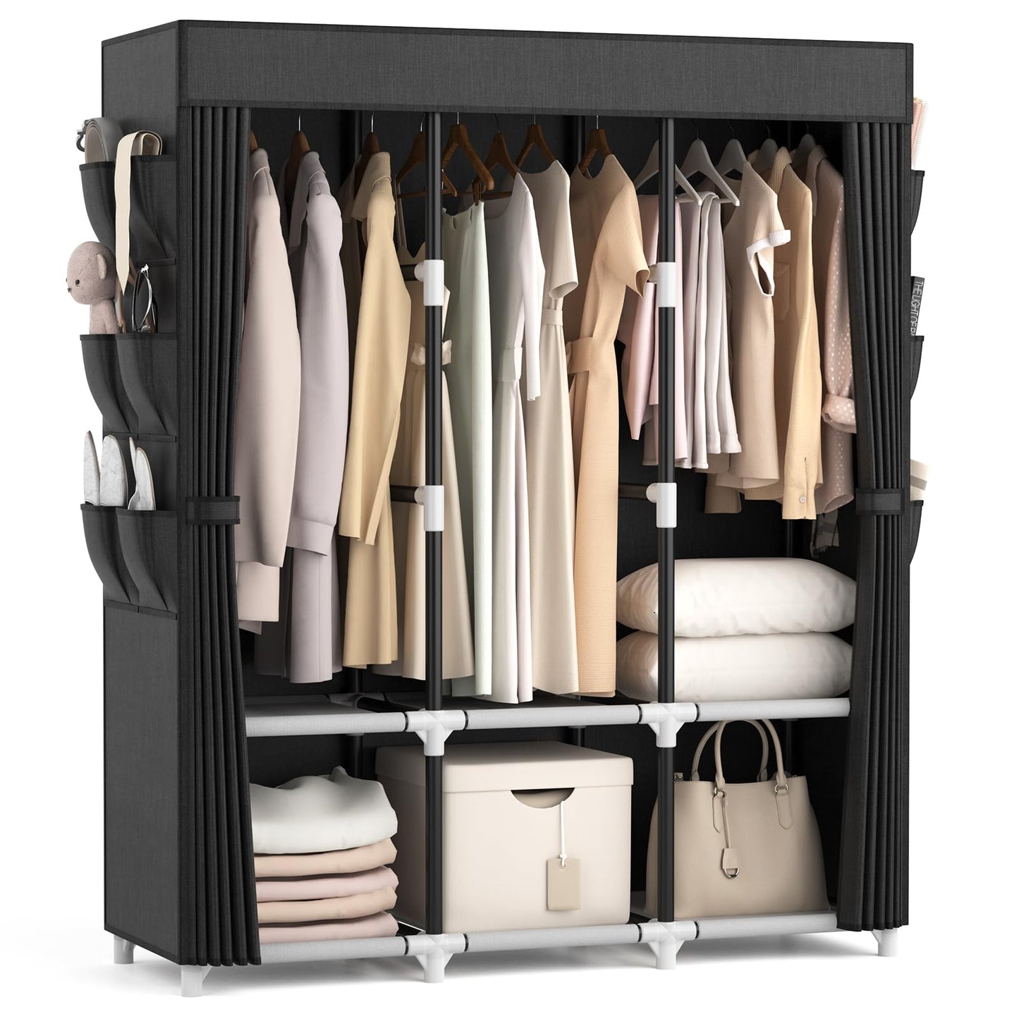 VTRIN Portable Closet Wardrobe for Hanging Clothes Closet with Cover, 3 Hanging rods, 6 Storage Shelves and Side Pocket, Diameter 19mm Metal Pipe, Sturdy Free Standing Closet for Bedroom, Black