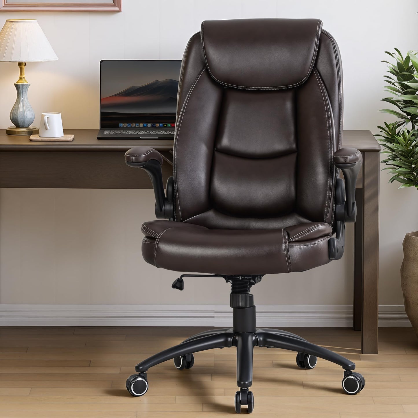MALOL Ergonomic PU Leather Office Chair with Flip-Up Armrests & Reclining Backrest, 300lbs Thick Padded Seat Executive Desk Chair-Adjustable Height & Tilt Tension, Brown