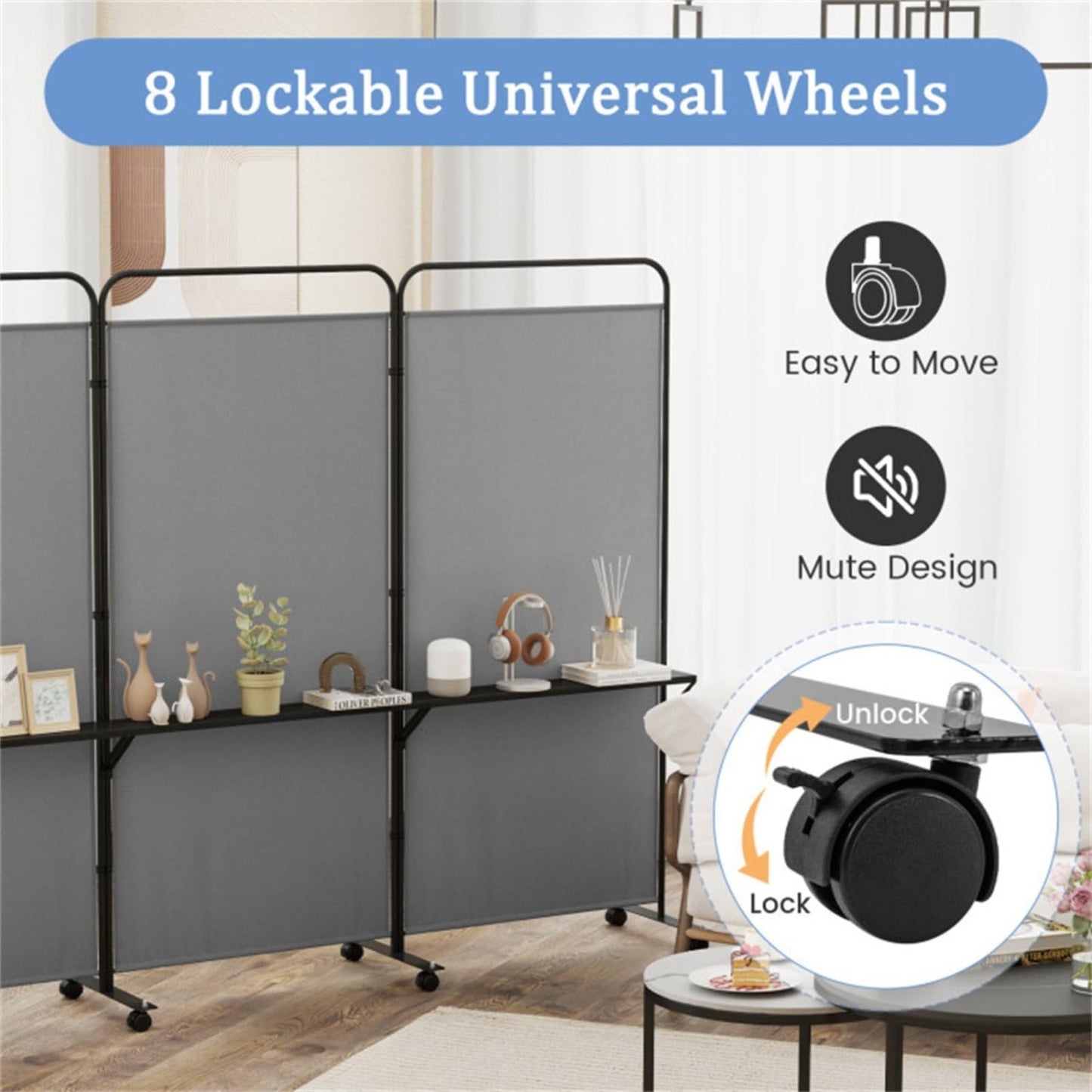 YWGYWG 3 Panel Room Divider with Storage Shelves ， 103" W x 74" H Folding Privacy Screen, Home Office Studio, Fabric Wall Divider for Room Separation (Grey)