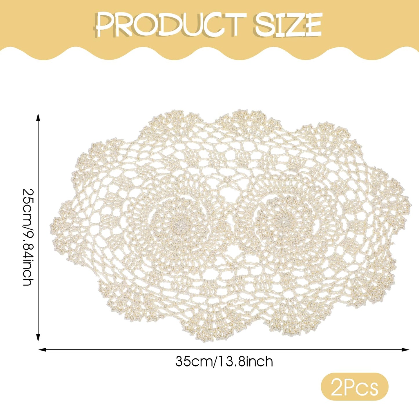 Beige Lace Doilies 2Pcs Handmade Cotton Crochet Doilies Placemats Knitted Coasters Oval Shape Doily for Furniture Table Overlay, 9.8 x 13.8 inch