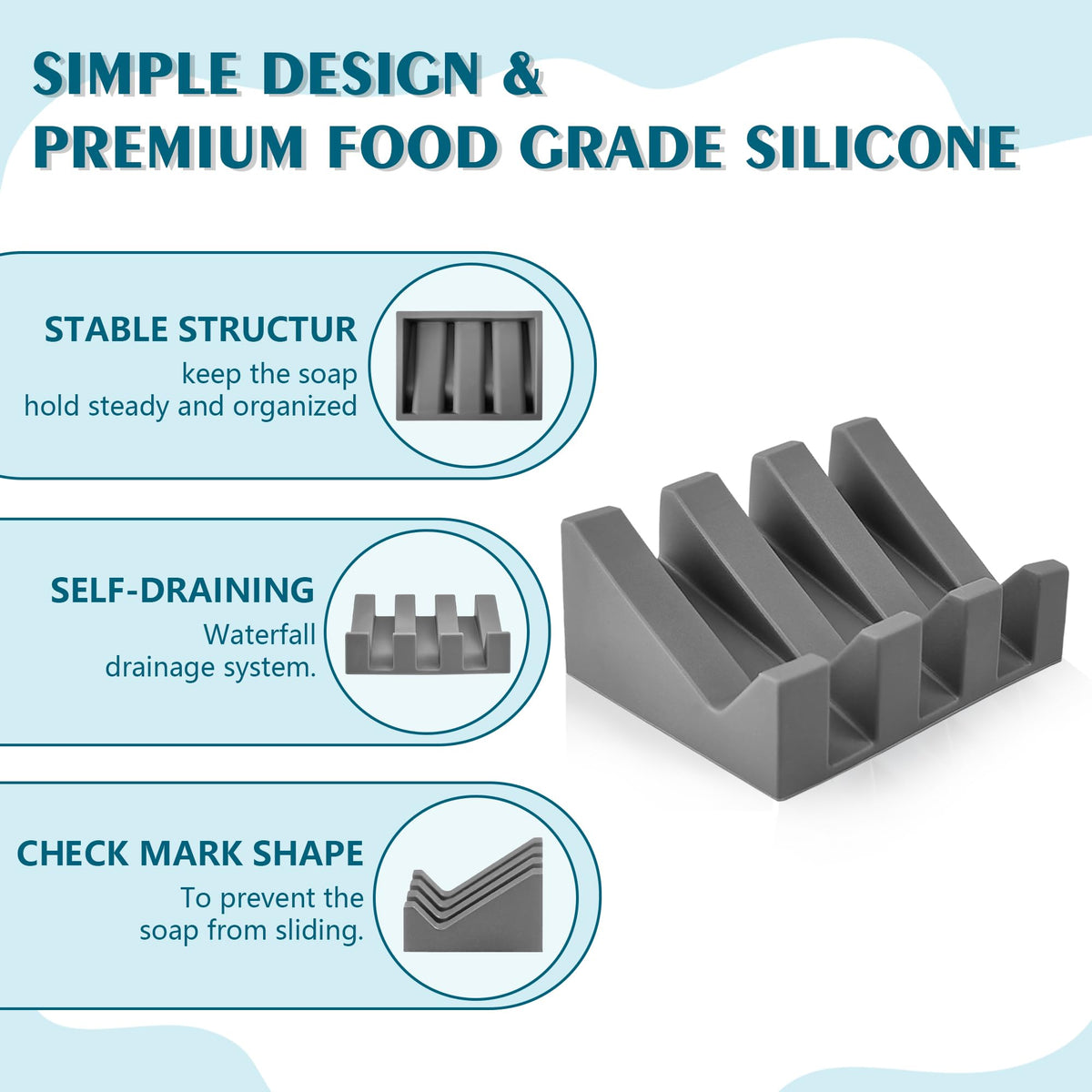 Coipdfty Self Draining Soap Dish Holder,Silicone Soap Dish,for Bathroom,Kitchen, Sponges，Can Extend Soap Life，Keep Soap Bars Dry and Easy Cleaning (Grey,1-Pack)
