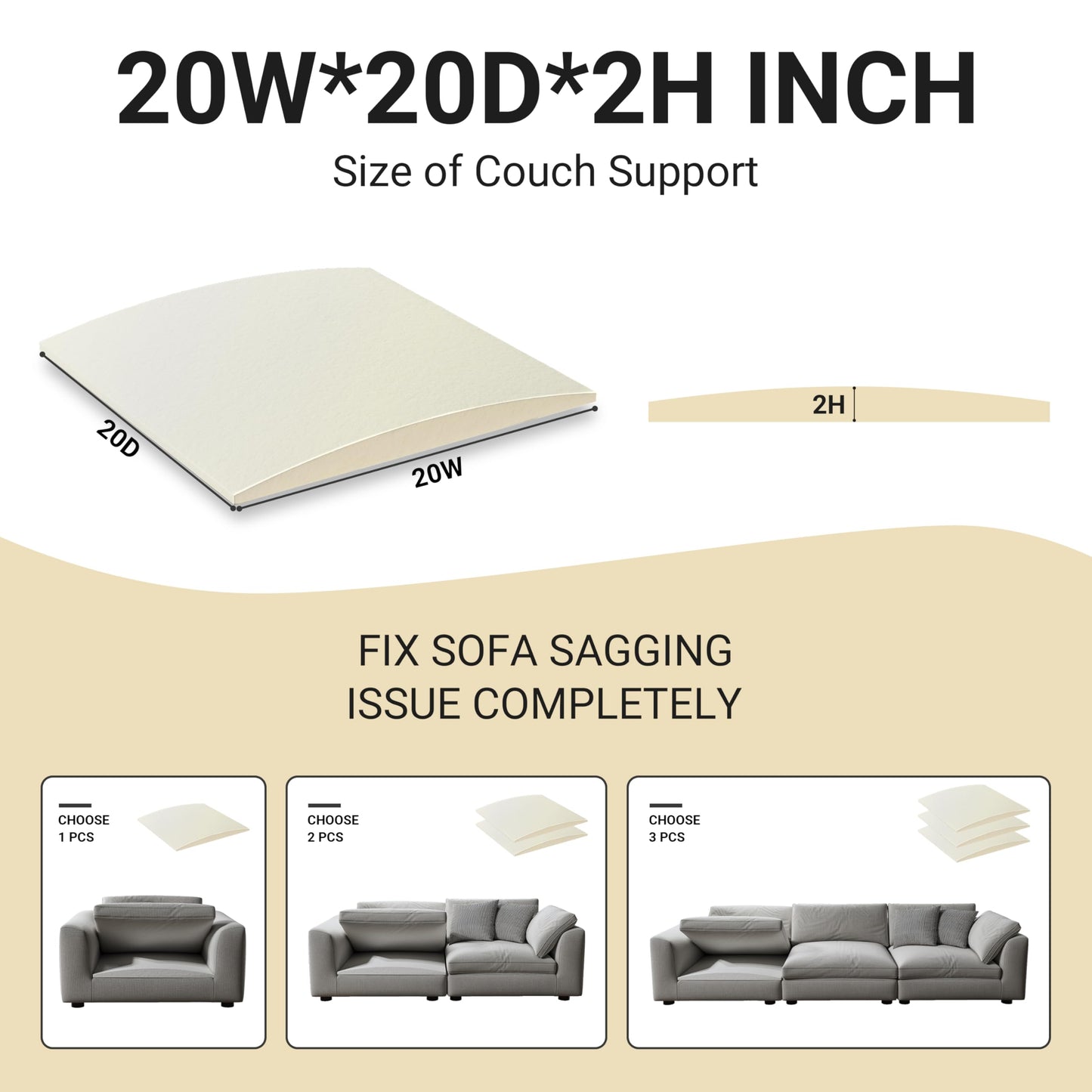 N NOORDENIYA Couch Cushion Support for Sagging Seat, High Density Foam Sofa Support Replacement for Furniture, Curved Couch Supporter for Under The Cushions, Beige Set of 3