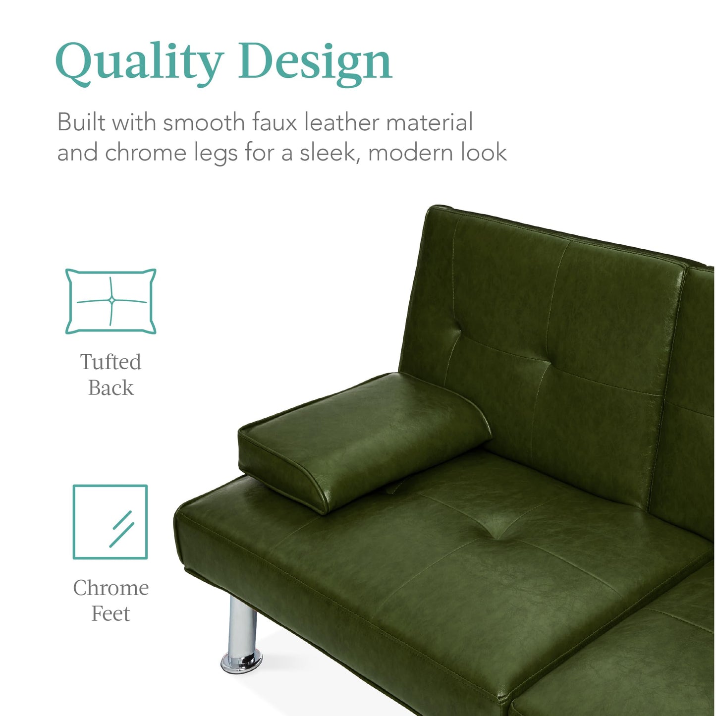 Best Choice Products Faux Leather Upholstered Modern Convertible Futon, Adjustable Folding Sofa Bed, Guest Bed w/Removable Armrests - Dark Green