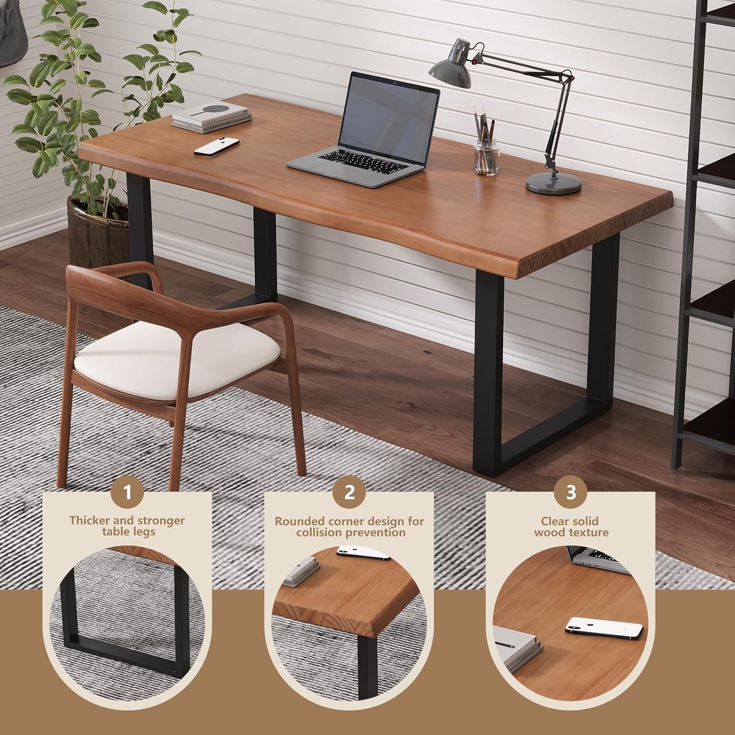 KunAndPeng Stylish Solid Wood Office Desk with Sturdy Metal Base - Durable Executive Computer Desk or Dining Table in Multiple Sizes - Perfect for Home Office and Work Environments (Tan62.99in)