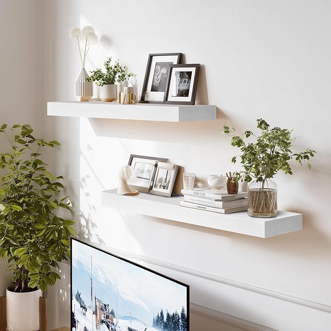 24x8x1.6 inch Floating Shelves Set of 2 – Solid Wood Rustic White Wall Mounted