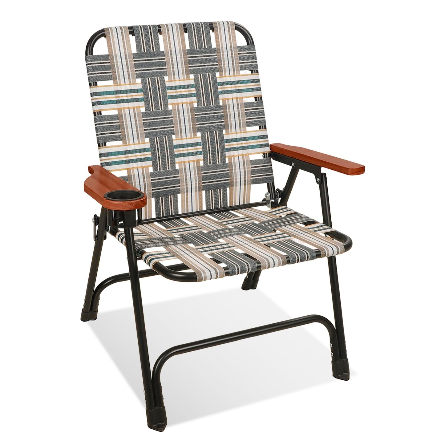 Chiyhshaa Folding Lawn Chair, Portable Camping Chair with Steel Frame, Woven Fabric and Wooden Armrests, Webbed Patio Dinning Chair for Yard Camping Poolside Beach