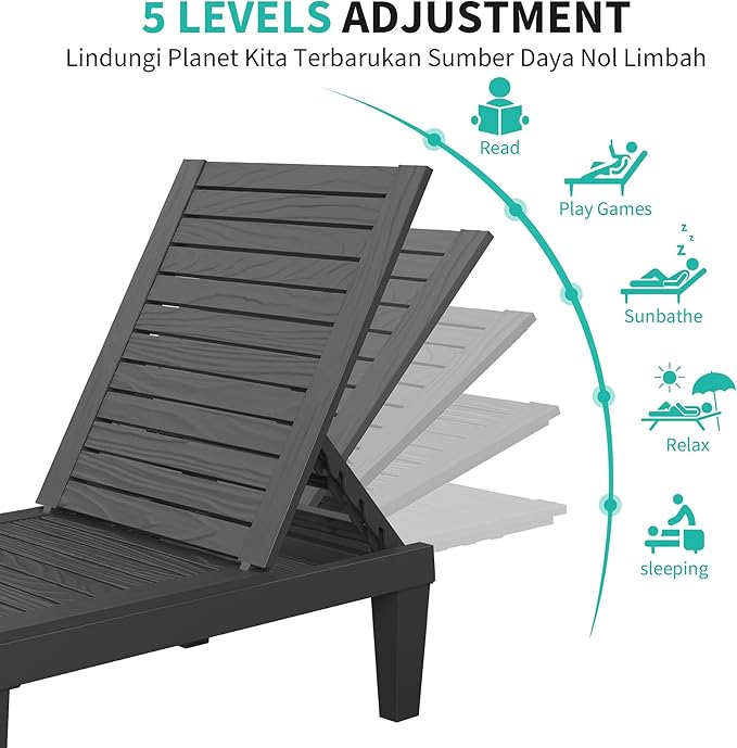 Outdoor Lounge Chair Set of 6, 5-Positions Adjustable Patio Chaise Lounges