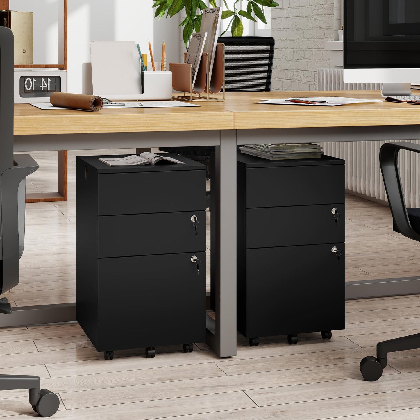 Giantex 3-Drawer File Cabinet with Lock, 27-Inches Storage Cabinet with 2 Side Hooks, Mobile Printer Stand, Wheels, 4 Keys, Vertical Filing Organizer fits Letter/A4 Size for Home Office (Black)