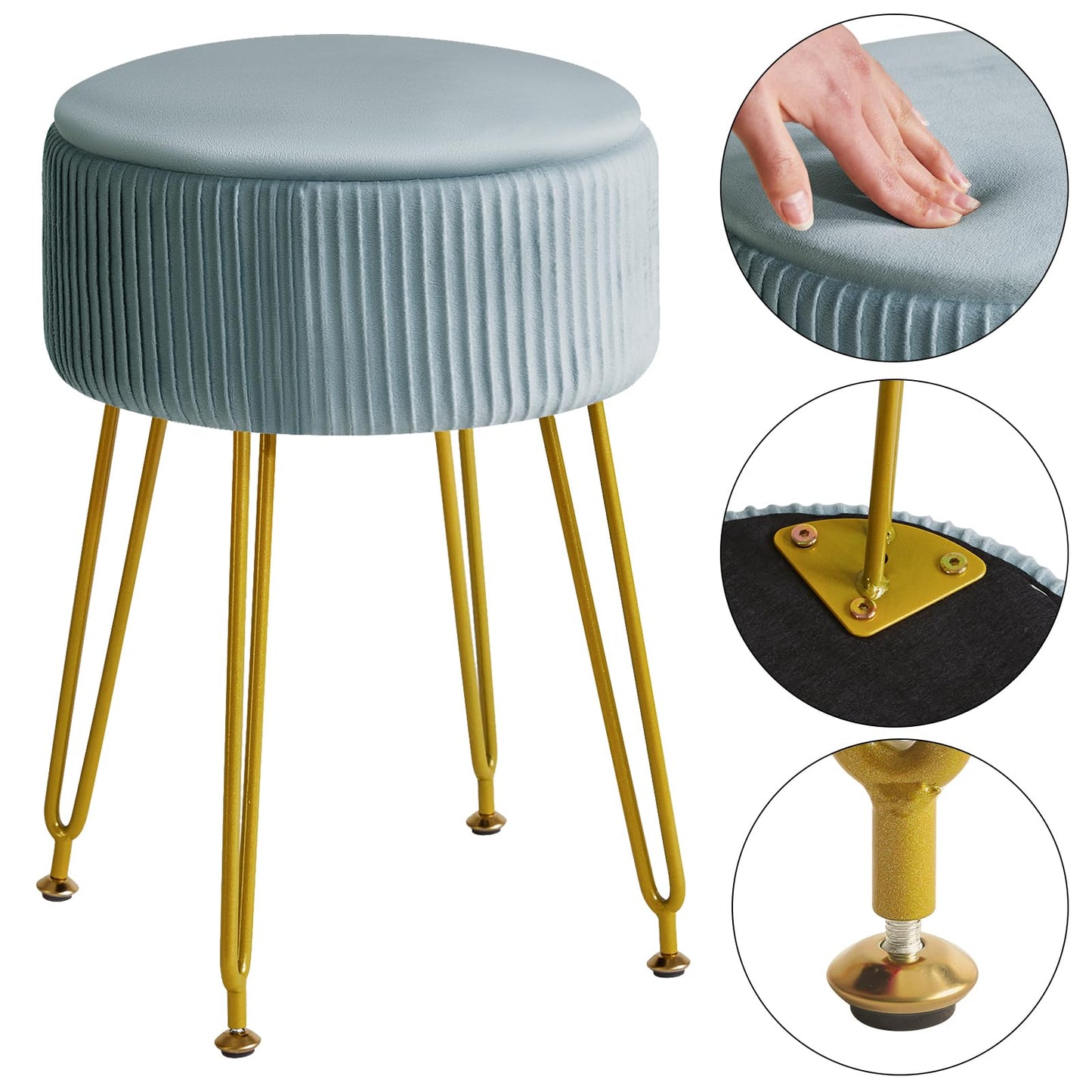 IBUYKE Velvet Storage Footrest Stool Ottoman, Makeup Vanity Stool Side Table with Golden Steel Legs Removable Cover, Coffee Table Top Cover, Blue LG-20H