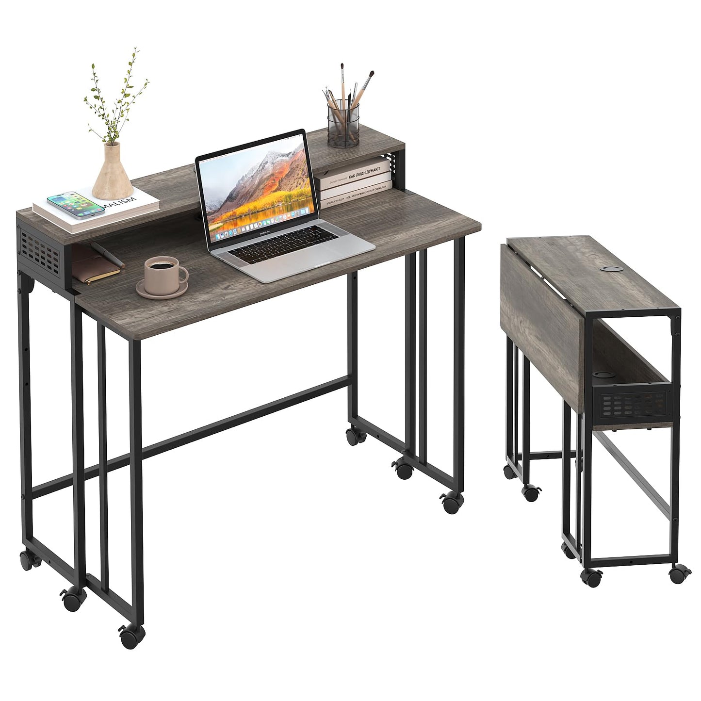 Gezen Folding Desk with Storage Shelf, Small Rolling Desk with Wheels, Mobile Sofa Side Table for Home Office Small Space, Dark Grey, 31.5"