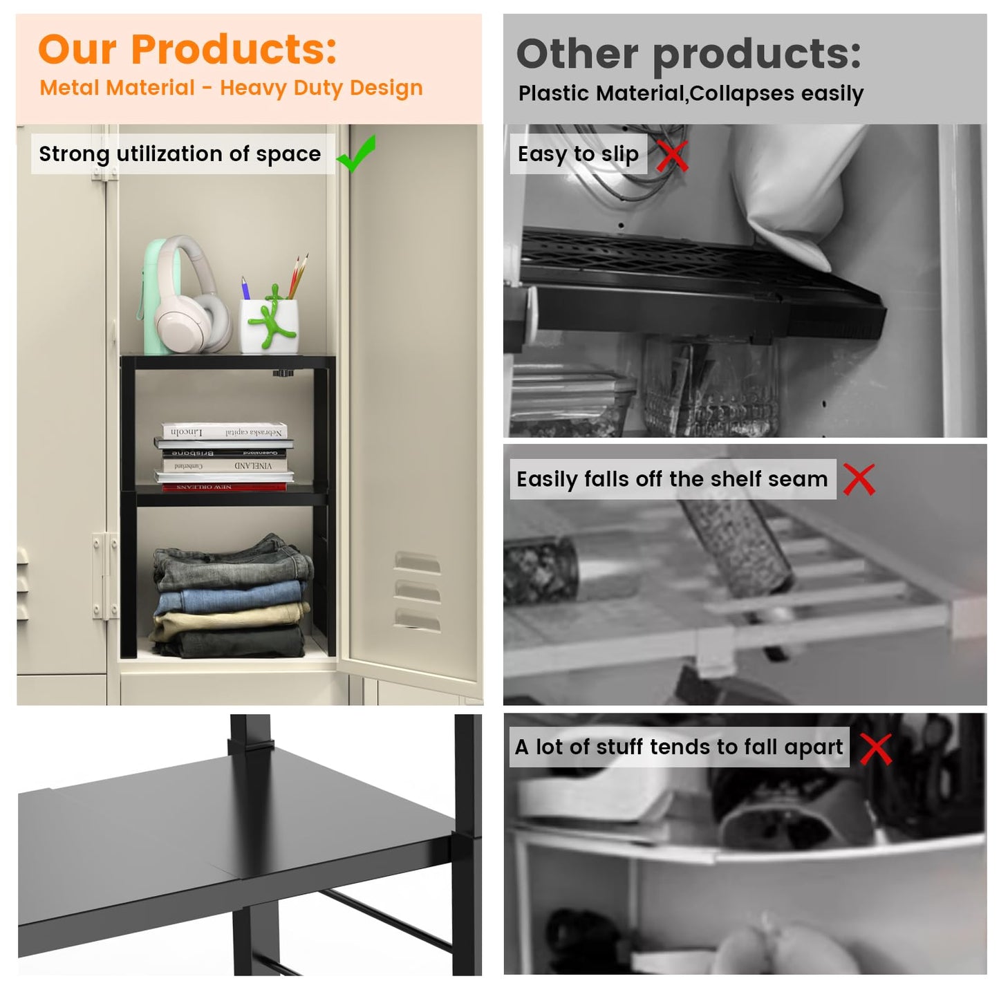 Locker Organizer Shelf, Metal Adjustable Width and Height, Ideal Locker for School, Office, and Gym Lockers, Extends Locker Storage Organization, Black