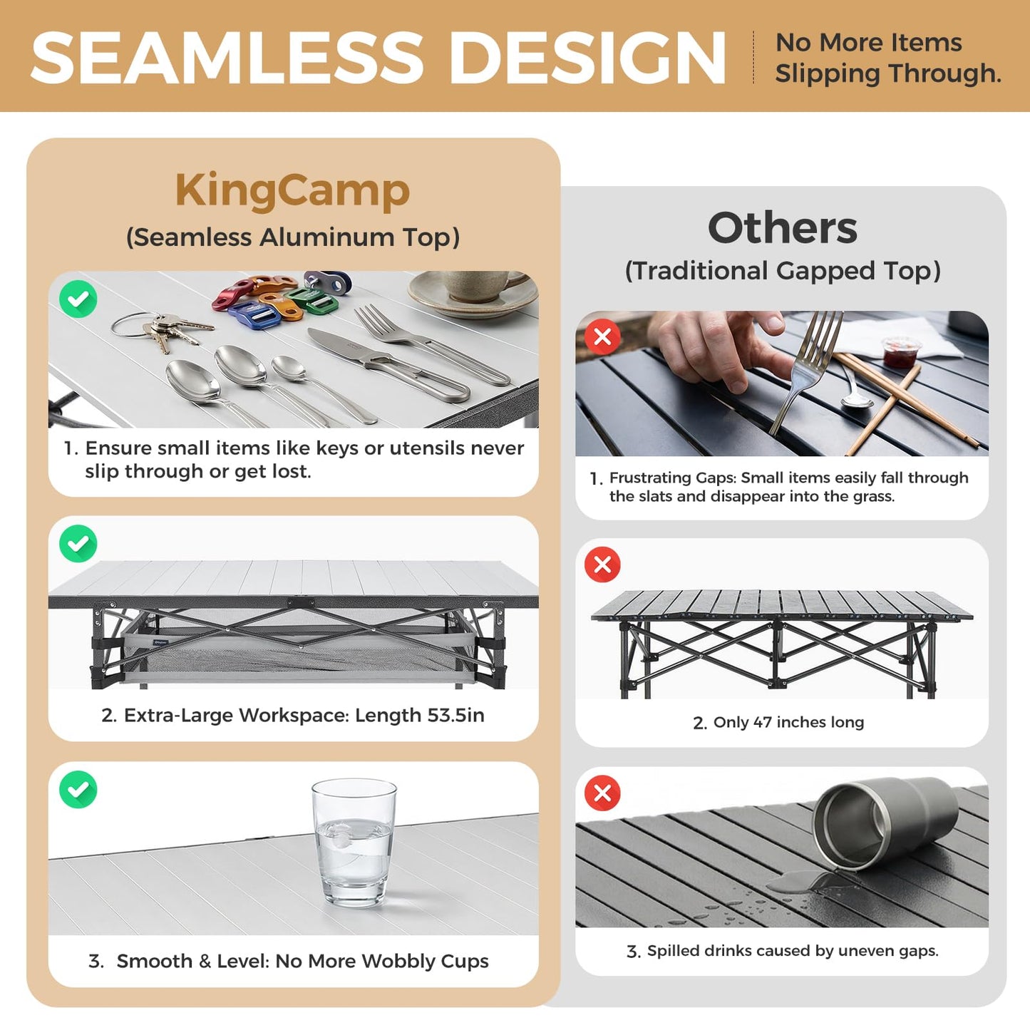 KingCamp Folding Camping Table, Aluminum Roll-Up Camp Table, Large Foldable Table for 6-8 Person, Outdoor Portable Tables with Carry Bag, 180 LBS Heavy Duty Load (Silver+Mesh：53.5" × 27.5")