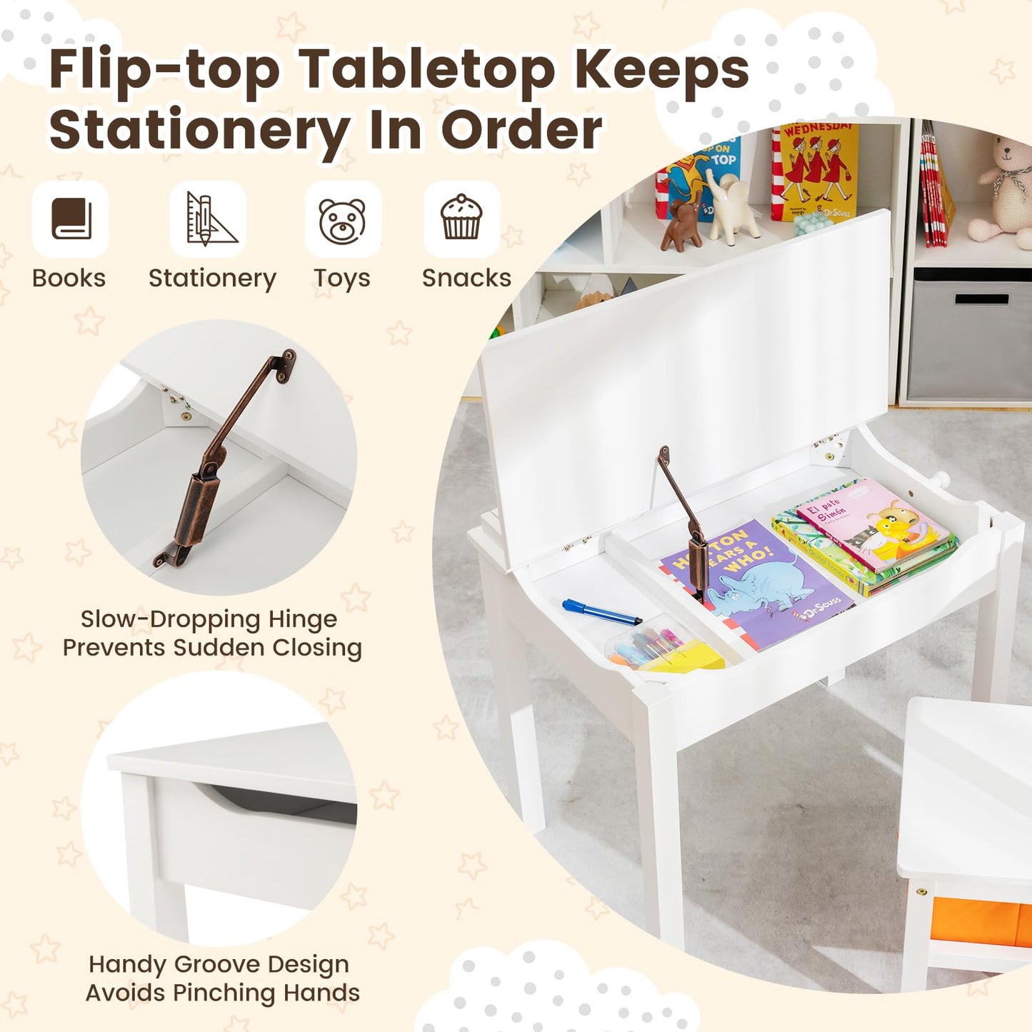 HONEY JOY Kids Table and Chair Set, Wooden Lift-Top Desk & Chair with Storage, Safe Hinged Lid, Activity Table Set for Craft Art, 2-Piece Children Furniture Set for Daycare, Kindergarten(White)