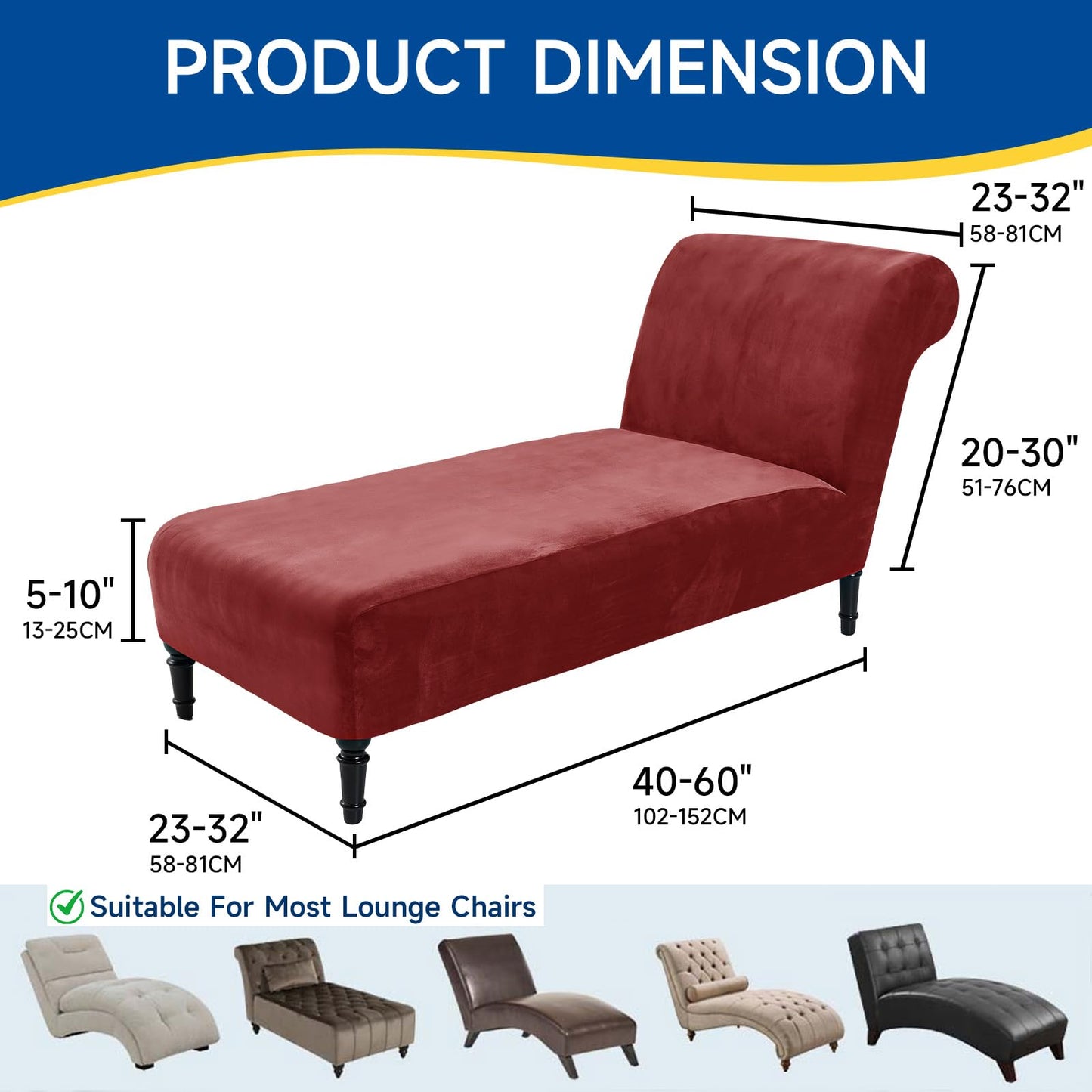 FondleFeeling Velvet Chaise Lounge Cover Indoor Armless Chaise Slipcover Luxury High Stretch Ultra Soft Lounge Chair Covers Modern Machine Washable Chair Cover for Living Room Bedroom Furniture, Red