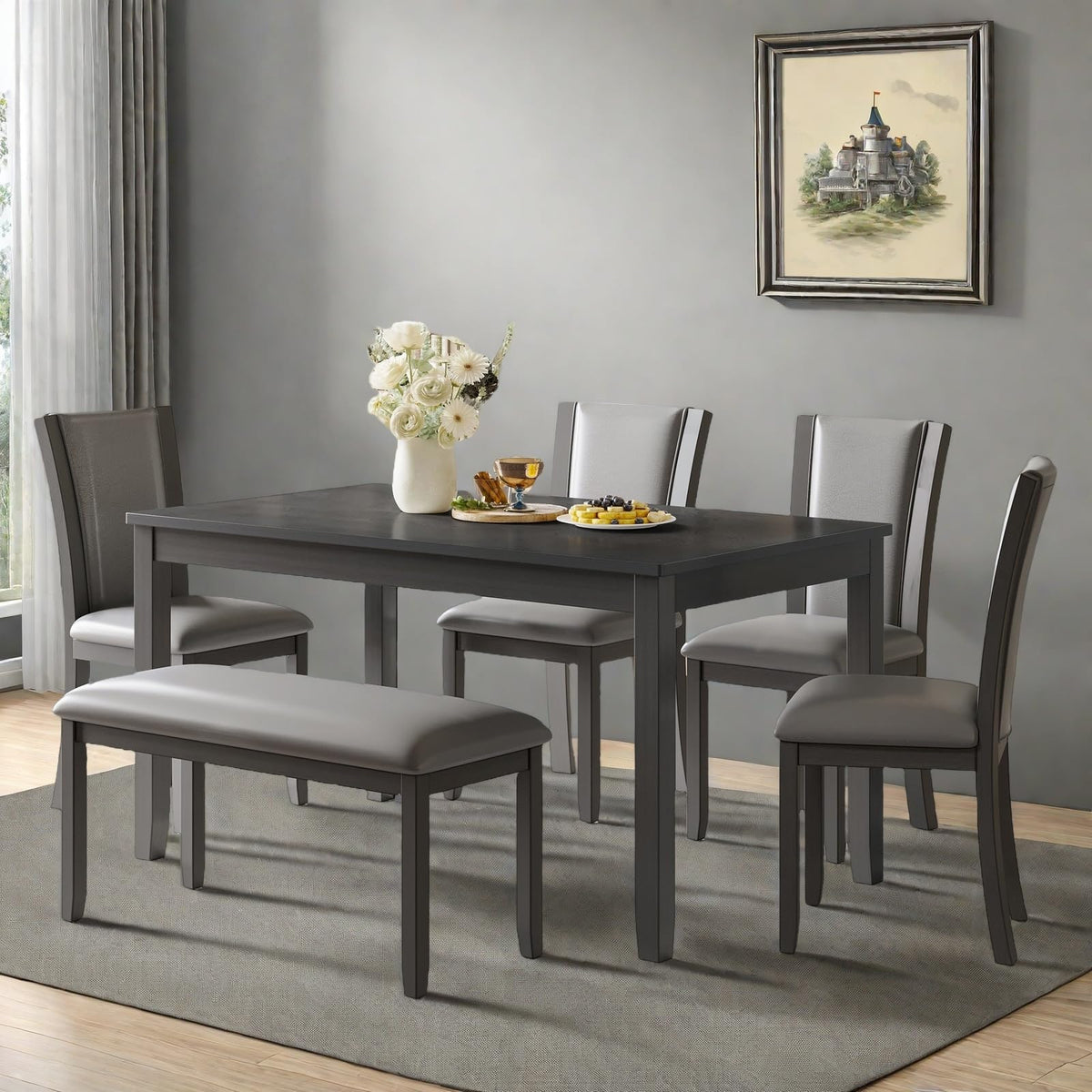 Trygoal Dining Table Set for 6, Farmhouse 6 Piece Dining Room Table Set with Rectangular Table, 4 Upholstered Backrest Chairs and Bench, Counter Height Kitchen Sets with Warm Woodgrain Finish, Gray