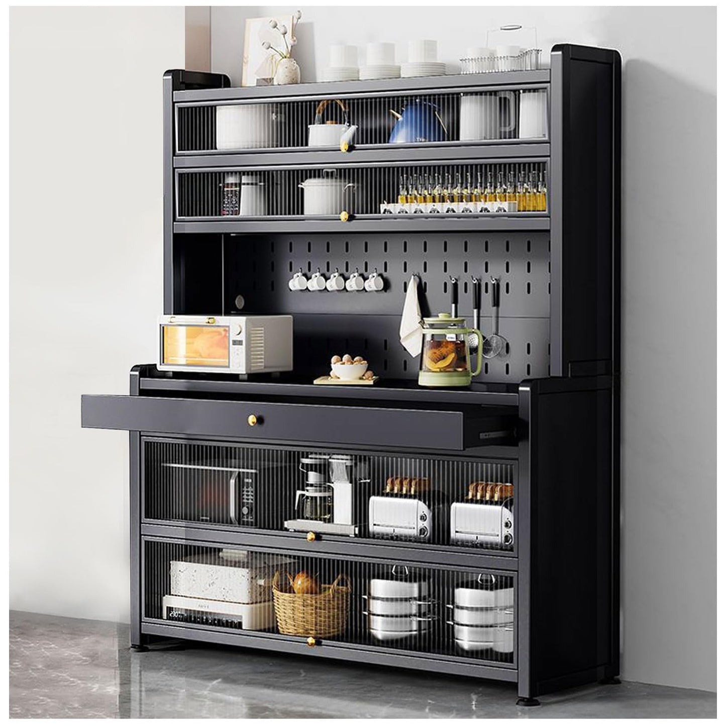 Freestanding Multi-Layer Kitchen Floor Cupboard，Pantry Storage Cabinet with Microwave Stand and Drawer Freestanding Hutch Cupboard on Wheels Black 100×172cm