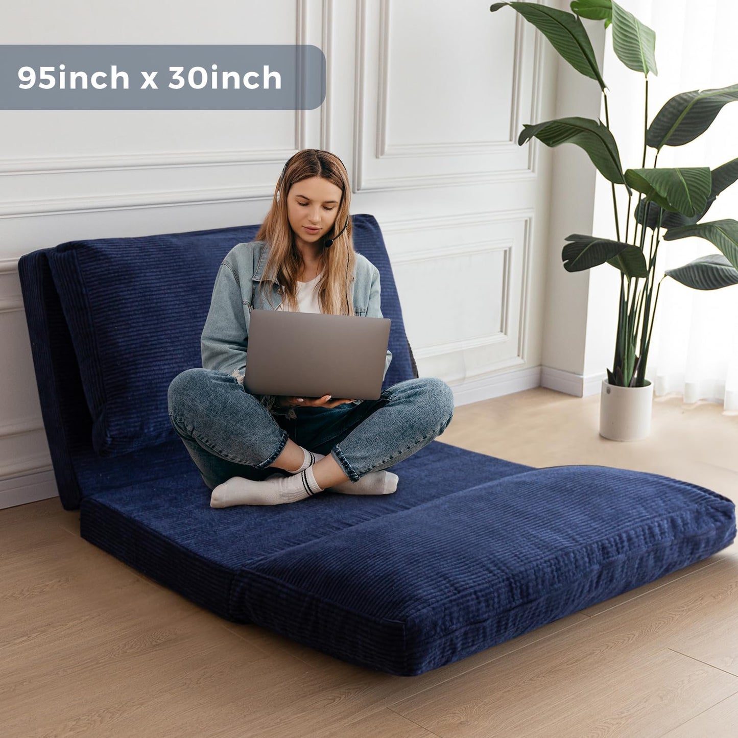 MAXYOYO Folding Sofa Bed, Floor Sofa Convertible Chair with Washable Cover, Floor Couch Lounge Bean Bag Chair Bed for Living Room, Navy, 30x91 Inch
