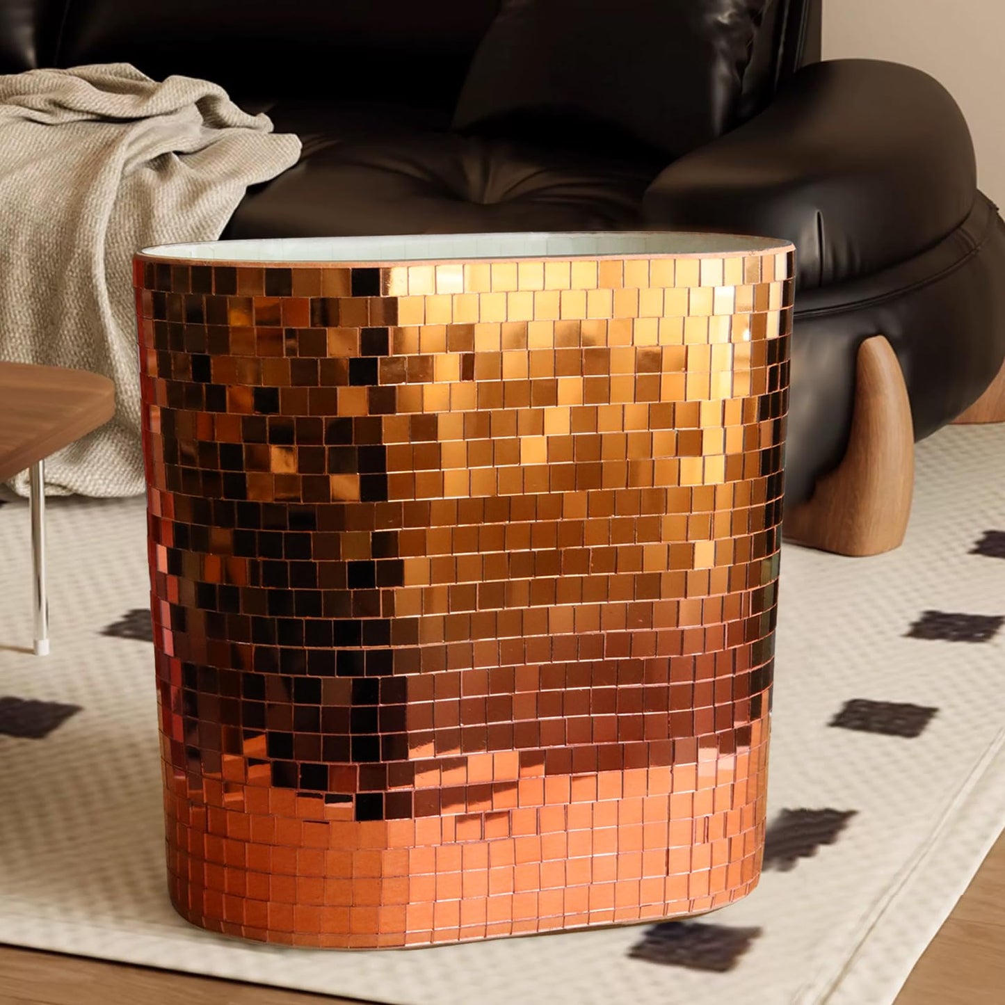 WDHODEC Rose Gold Mosaic Waste Basket (9.8" Tall) | Narrow Oval Decorative Trash Can for Bathroom Vanity & Toilet Side | Luxury Handcrafted Mirror Accent Dual-Use Flower Vase
