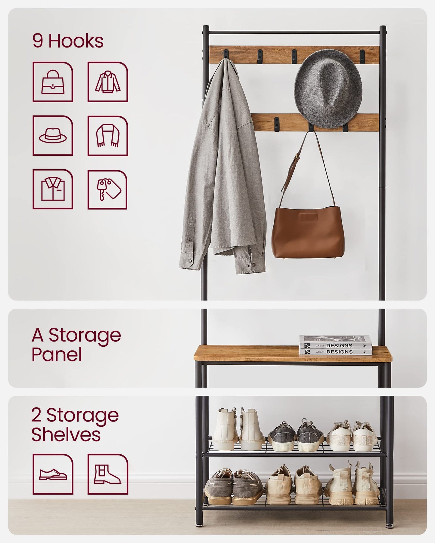 VASAGLE Coat Rack, Hall Tree with Shoe Storage Bench, Entryway Bench with Shoe Storage, 3-in-1, Steel Frame, for Entryway, 12.6 x 27.6 x 68.9 Inches, Industrial, Rustic Walnut and Black UHSR041B41